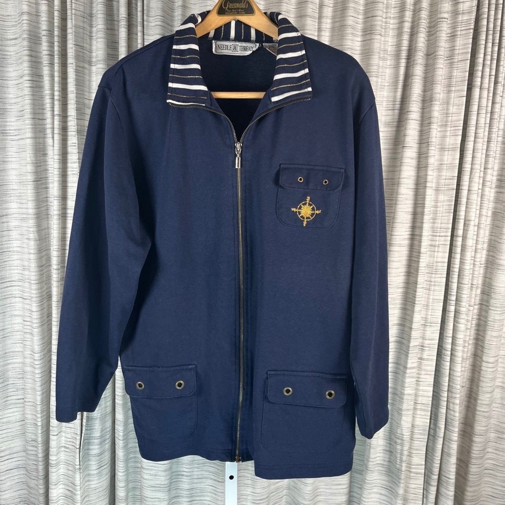 Needle & Threads Navy Blue Full Zip Nautical Jacket Gold Compass Embroidered M
